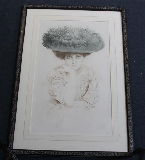 Paul Cesar Helleu (1859-1927) Portrait of a lady wearing an elaborate hat 23.5 x 14.75in.